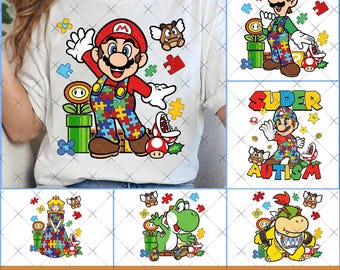 Super Autism PNG Bundle, Retro Plumber Inspired Characters PNG, Autism Awareness Shirt Design, Puzzle Theme PNG
