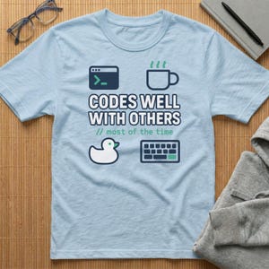Camiseta "Programa bien con los demás" / Patito de goma con forma de teclado de café para programadores