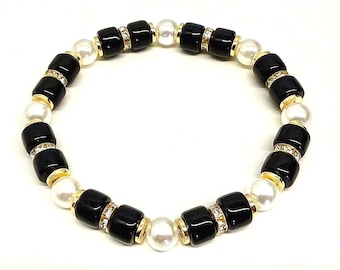 Beaded Bracelet of Black or Ivory Ceramic, Rhinestone, & Gold Accents