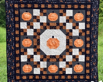 Wzór na kołdrę w kratkę dyniową, wzór na kołdrę jesienną, wzór na kołdrę na Halloween w formacie PDF, cyfrowy wzór na kołdrę jesienną