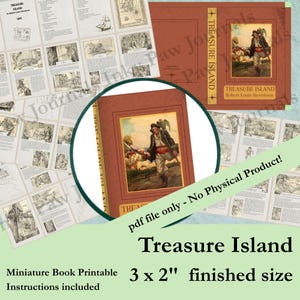 May include: A miniature printable book titled "Treasure Island" by Robert Louis Stevenson. The cover features a color illustration of a pirate. The finished size is 3 x 2 inches. Includes instructions. The image also shows interior pages with black and white illustrations.