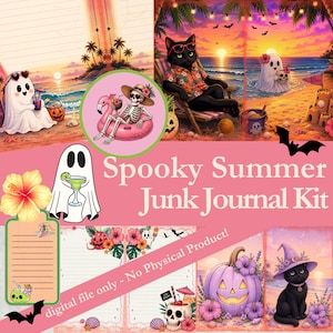 Utskrivbart läskigt sommardagbokskit | Tropiska Halloween-ephemera | Spöken, skelett och stranddagbokssidor