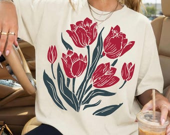 Tulipán retro PNG, diseño floral de linograbado vintage, arte botánico cottagecore, ilustración floral primaveral, gráfico de jardín bohemio PNG