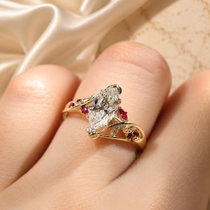4.00 CT Marquise Cut Lab Grown Diamond Engagement Ring, Nature Inspired Leaf Ring, Ruby Accents Yellow Gold Vine Ring (IGI Certified)