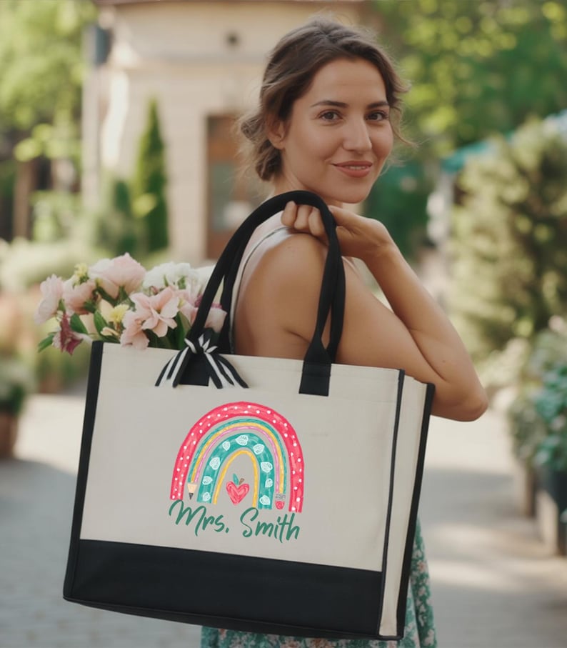 Custom Teacher Tote Bag, Personalized Rainbow Pencil Design ...