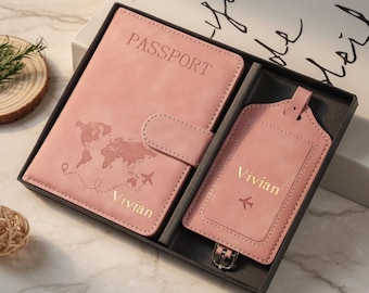 Personalized Passport Holder & Luggage Tag Set - RFID Leather Travel Gift Custom for Him Her