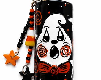 Funda para encendedor Bic con diseño de fantasma de Halloween, hecha a mano, estilo vintage / Estuche para encendedor / Arte esculpido / Regalo coleccionable único / Adornos para bolsos / Y2K / De moda