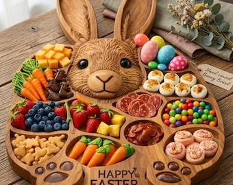 Personalized Easter Bunny Charcuterie Board, Hand Carved Wood Serving Tray for Kids, Easter Table Decor, Rabbit Cheese Platter, Hostess Gift