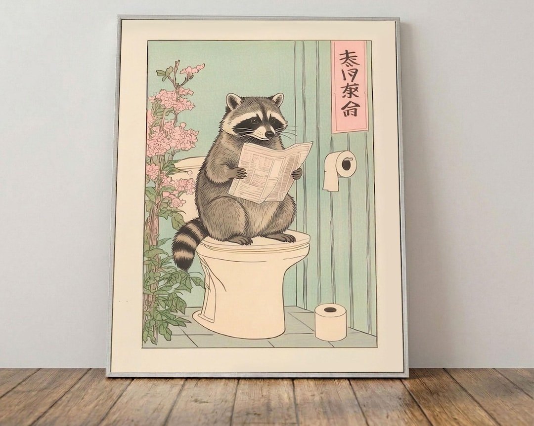 Japanese Raccoon on Toilet Print: Funny Bathroom Wall Art - Etsy