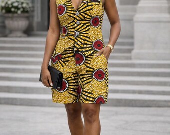 African Print Vest Shorts Set for Women, Ankara 3 Piece Outfit with Headwrap, Ladies Summer Vacation Outfit