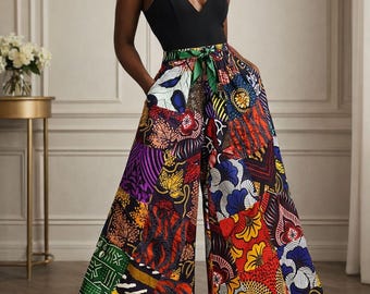 African Patchwork Harem Pants Women Boho Wide Leg Trousers Elastic Waist One Size Festival Pants Colorful Ankara Style