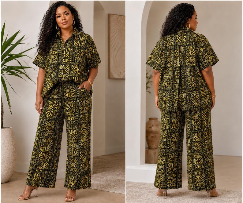 May include: A two-piece set consisting of a short-sleeved button-down shirt and wide-leg trousers. Both pieces feature a repeating black and yellow geometric pattern. The shirt has a classic collar, and the trousers have a relaxed, straight-leg fit.