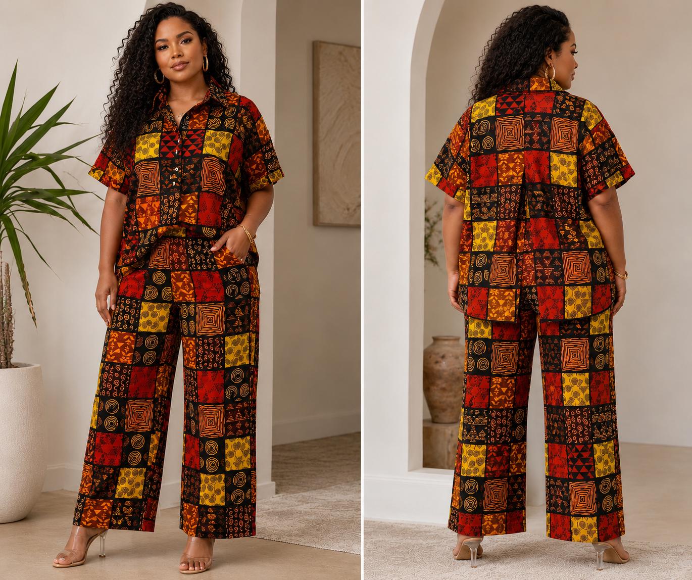 Designer Top Pant and Headwrap Set, Women's Cotton African Print 3 Piece Outfit, Wide Leg Pants Set, Plus Size Matching Set