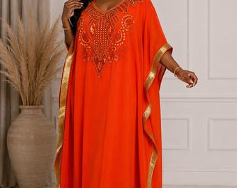 Embroidered Kaftan Boubou Dress, Stone Embellished African Maxi Dress, Chiffon Satin Caftan, One Size Fits Most, Designer Collection
