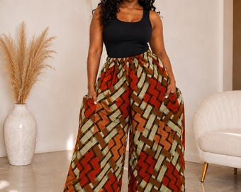 African Print Wide Leg Pants with Side Pockets, Women’s Cotton Elastic Waist Palazzo Pants, One Size Fits Most