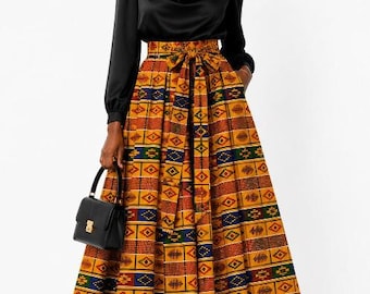 African Print Maxi Skirt, Women’s Cotton Long Skirt with Elastic Waist, High Waisted Ankara Flare Skirt