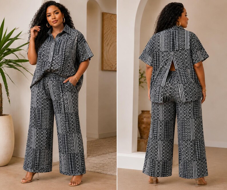 May include: A two-piece set consisting of a short-sleeved button-down shirt and wide-leg trousers, both featuring a black and white geometric patchwork pattern. The shirt has a collar and a split back design, while the pants have side pockets.