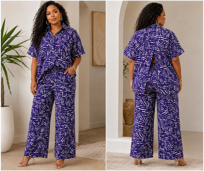 Designer Top Pant and Headwrap Set, Women’s Cotton African Print 3 Piece Outfit, Wide Leg Pants Set, Plus Size Matching Set Style 9
