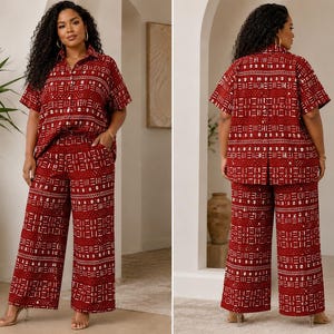 Designer Top Pant and Headwrap Set, Women’s Cotton African Print 3 Piece Outfit, Wide Leg Pants Set, Plus Size Matching Set Style 8