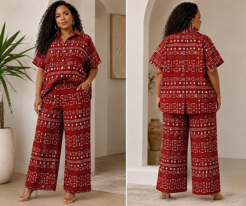 Designer Top Pant and Headwrap Set, Women’s Cotton African Print 3 Piece Outfit, Wide Leg Pants Set, Plus Size Matching Set Style 8