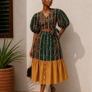 May include: A two-piece set consisting of a V-neck crop top with puff sleeves and a midi skirt. Both pieces feature a vertical patterned print in green, orange, and white. The skirt has a solid mustard-colored ruffled hem with button details.