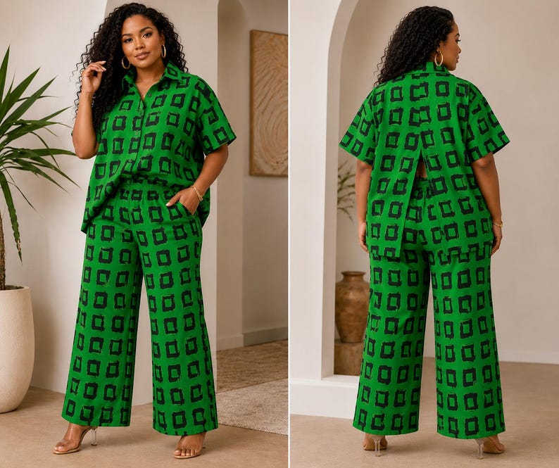 May include: A two-piece set consisting of a short-sleeved button-down shirt and wide-leg trousers, both featuring a vibrant green base with a repeating black square pattern. The shirt has a collar and a split back design, while the pants have a waistband.