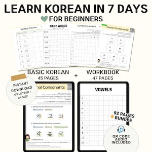 Peut inclure: Un ensemble de cahiers d'exercices pour apprendre le coréen en 7 jours, avec des exercices d'écriture, des mots quotidiens et des combinaisons de sons. Il comprend un guide de base de 45 pages et un cahier d'exercices de 47 pages. Code QR audio inclus.