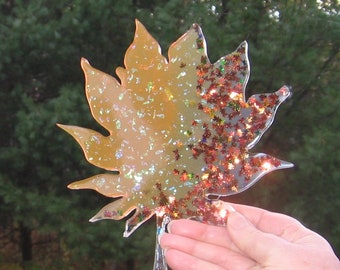 Resin Maple Leaf Tray Trinket Dish with holographic maple leaf glitter orange and clear