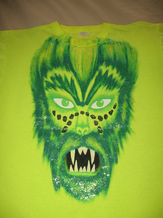 Handpainted Neon Green Monster Werewolf T Shirt Large Glow In The Dark Glitter Halloween
