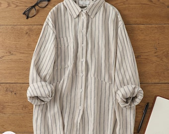 Camisa feminina oversized listrada de cânhamo | Blusa sustentável com botões | Blusa de manga comprida ecológica | Moda lenta