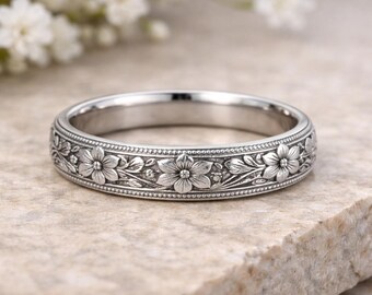 March Daffodil Birth Flower Ring, Engraved Sterling Silver Floral Band, Minimalist Stackable Gift