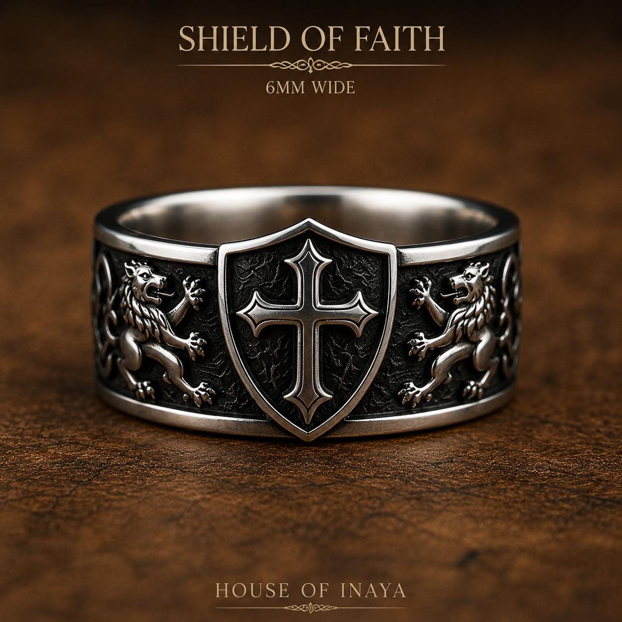 Shield of Faith Ring - 925 Sterling Silver 8mm Handmade Medieval Cross Band Christian Wedding Ring Men's Faith Ring Artisan Jewelry