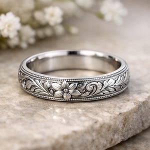 Pierścionek w stylu antycznym z motywem liści winorośli, obrączka ślubna ze srebra próby 925 z wzorem w stylu vintage, pierścionek z grawerowanym motywem kwiatowym, ręcznie robiony prezent dla niej