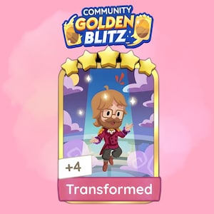 Pode incluir: Ilustração digital de um cartão de personagem com um homem de desenho animado usando óculos e uma jaqueta vermelha. O cartão está rotulado como "Transformado" e tem o texto "Community Golden Blitz" no topo.