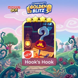 May include: A digital illustration for Monopoly Go! featuring a pirate hook with a red and gold hat, a map, and a lantern. The text "Hook's Hook" is displayed below the image, with a "NEW" badge. The background shows a landscape with trees and a sunset.