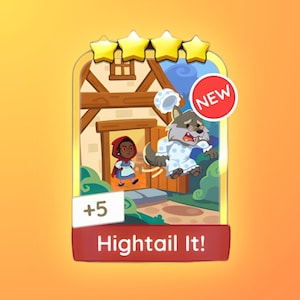 Op de afbeelding: Een cartoon illustratie van een scène uit Roodkapje. Roodkapje loopt een huis uit, terwijl de Grote Boze Wolf in pyjama wegrent. De afbeelding heeft een "NIEUW" sticker en de tekst "Hightail It!"