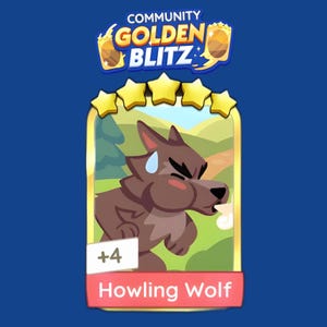May include: A cartoon image of a brown wolf with a sweat drop, labeled "Howling Wolf." The card has a gold border and five gold stars. The text "Community Golden Blitz" is at the top on a blue background.