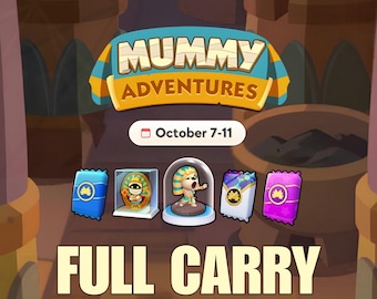 May include: A digital graphic for Mummy Adventures featuring the text October 7-11 and Full Carry. The image displays a blue wrapper, a gold mummy medallion in a case, a mummy figurine in a glass dome, a white holographic wrapper, and a pink wrapper.
