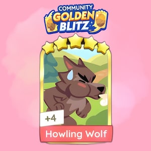 May include: A cartoon image of a brown wolf with a worried expression, set against a green landscape. The image is framed by a gold border with five stars at the top and the words "Howling Wolf" at the bottom. The text "Community Golden Blitz" is at the top.