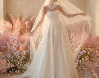 3D Blumenapplikationen Brautkleid, trägerloses A-Line Brautkleid, romantische Fairycore-Spitze