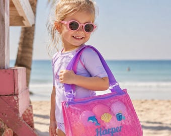 Bolsa de playa de secado rápido personalizada, bolso de malla anti-arena personalizado para niños, bolsa de natación con nombre bordado, regalo de vacaciones de verano para niños pequeños, estuche con forma de concha