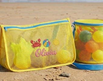 Spersonalizowana torba plażowa dla rodzeństwa z imieniem, spersonalizowana siatkowa torba do pływania dla dzieci, rodzinne wiaderko z piaskiem na wakacje, upominek na letnią imprezę przy basenie, święta