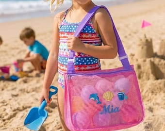 Custom Kids Beach Bag Set, Personalized Seashell Collecting Mesh Bag, Toddler Pool Tote, Summer Vacation Gift, Sand Bucket Accessory