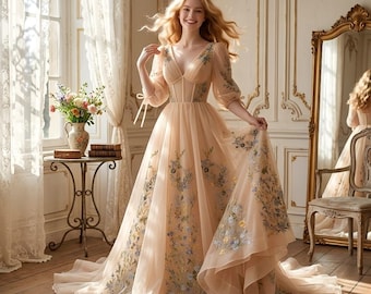 Vestido de fiesta "Prado Encantado", bordado de flores silvestres, tul color champán, mangas abullonadas, escote en V tipo corsé.