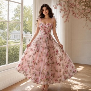 dusty pink corset midi dress Corset 3D floral dusty pink midi dress for special occasions., We always  accept custom orders., #dress #pinkpromdress #weddingday #fashiondesigner  #promdress