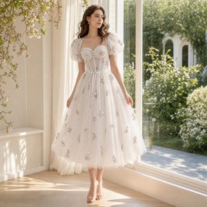 embellished corset tulle skirt midi dress in ivory reviews Rosette Embellished Corset Tulle Skirt Midi Dress in Ivory