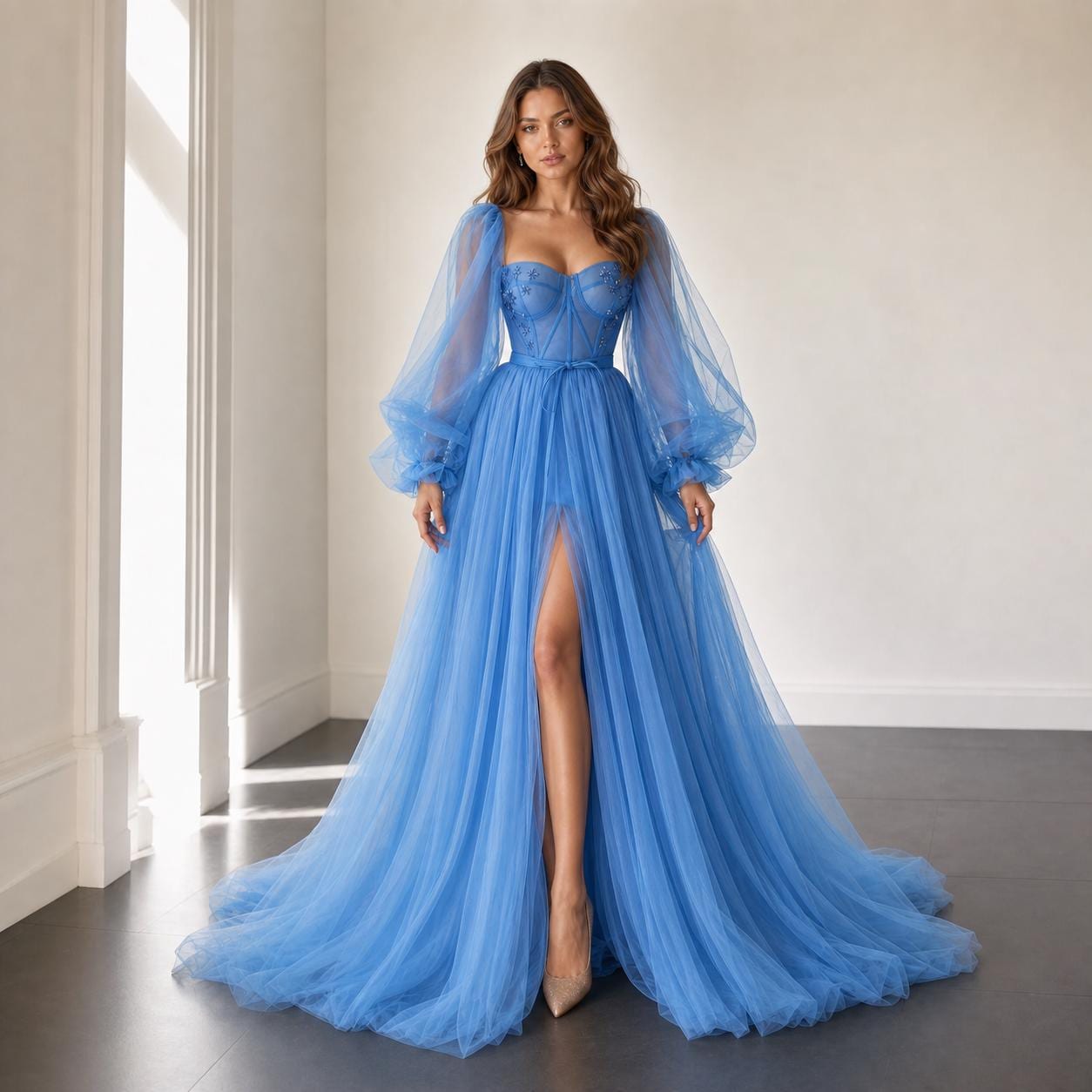 blue thigh split dress /// Blue Women Strapless Asymmetrical Ruched Maxi Dress With Side Ruffle Hem And Thigh Split, Women's, Size: Medium