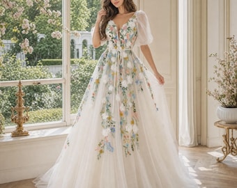 Colorful Wildflower Wedding Dress, 3D Floral Embroidery Bridal Gown, Boho Pastel Fairy Prom Dress, Cottagecore Puff Sleeve Tulle Gown 2026