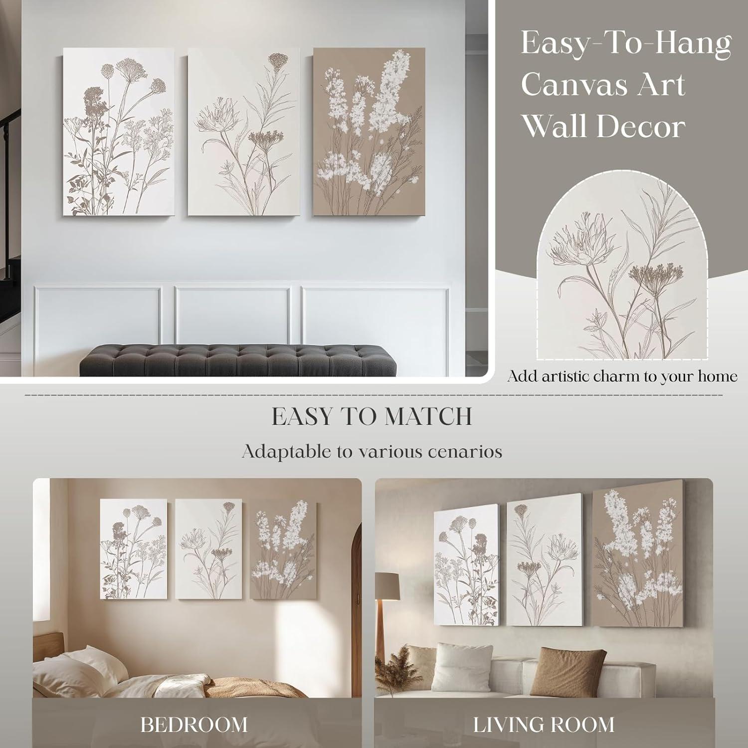 Neutral Wildflower Canvas Wall Art Set, Boho Botanical Line Art Decor ...