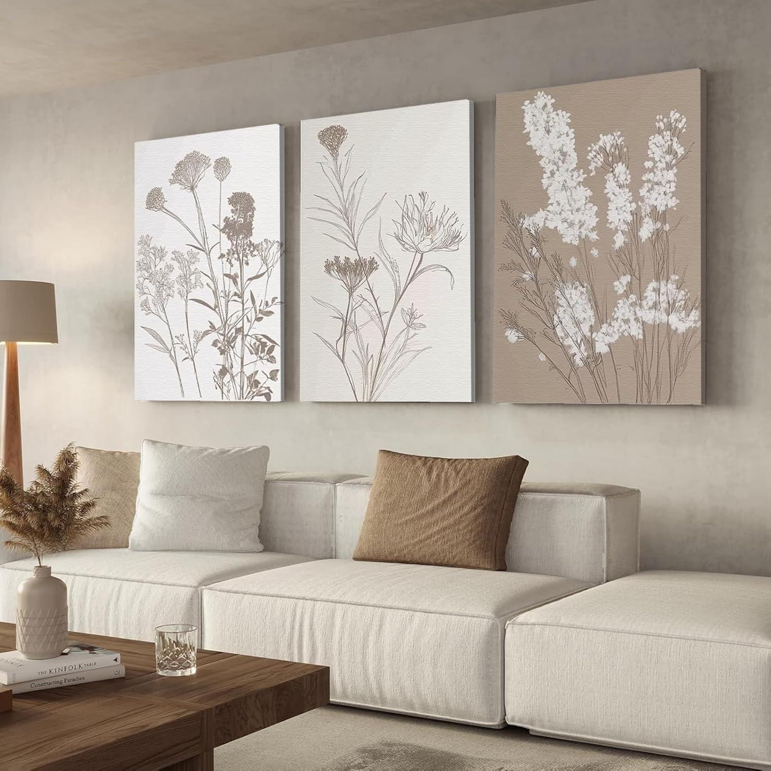 Neutral Wildflower Canvas Wall Art Set, Boho Botanical Line Art Decor ...